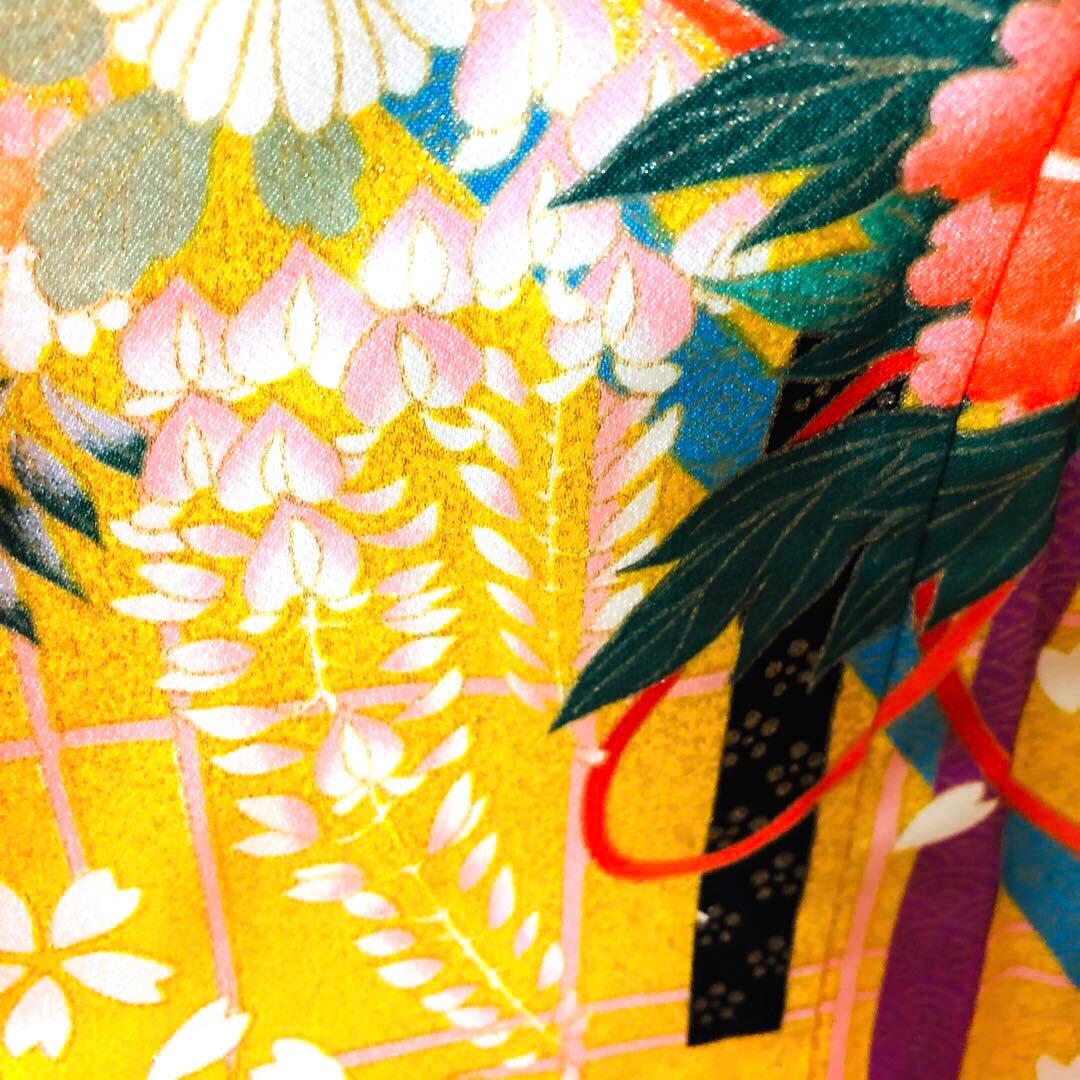七五三七歳‼正絹赤地×黄色❤️手毬花々金彩ラメきらびやか‼️完全フルセット