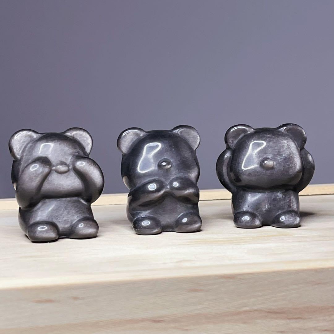 ★天然石★高品質シルバーオブシディアン♡三猿風くまさんセット♡置物♡プレゼント