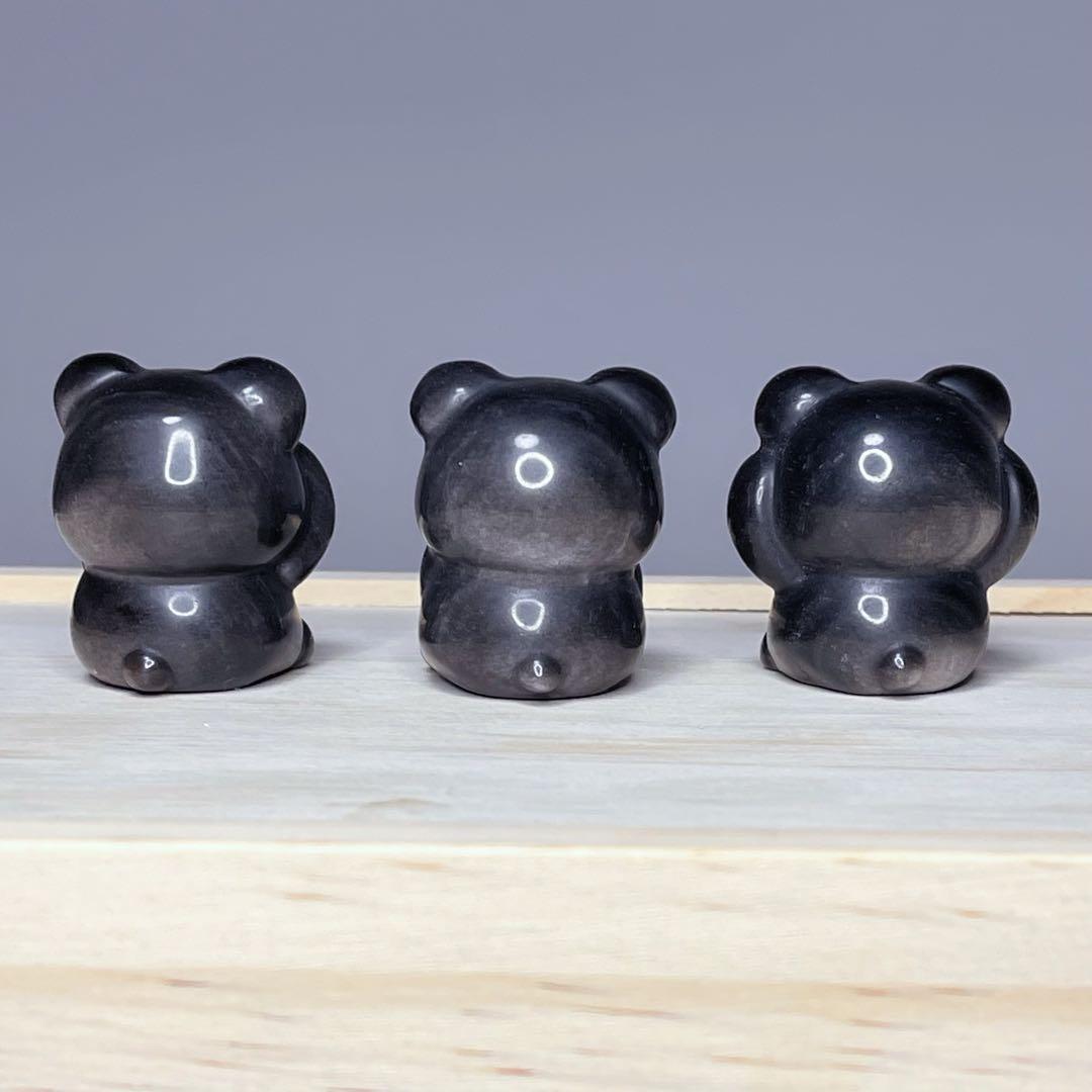 ★天然石★高品質シルバーオブシディアン♡三猿風くまさんセット♡置物♡プレゼント