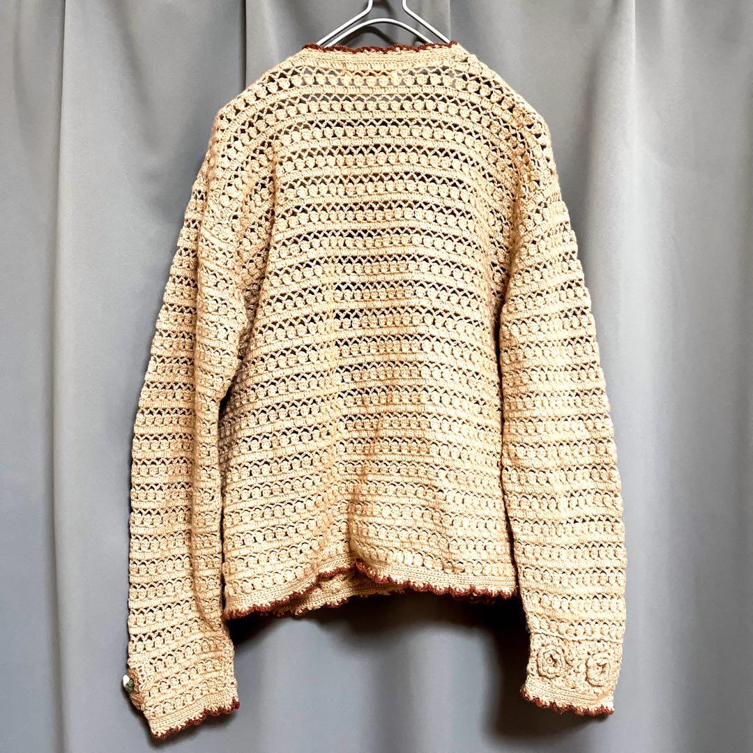 vintage 立体刺繍パッチワーク編みウールニットカーディガン アンティーク