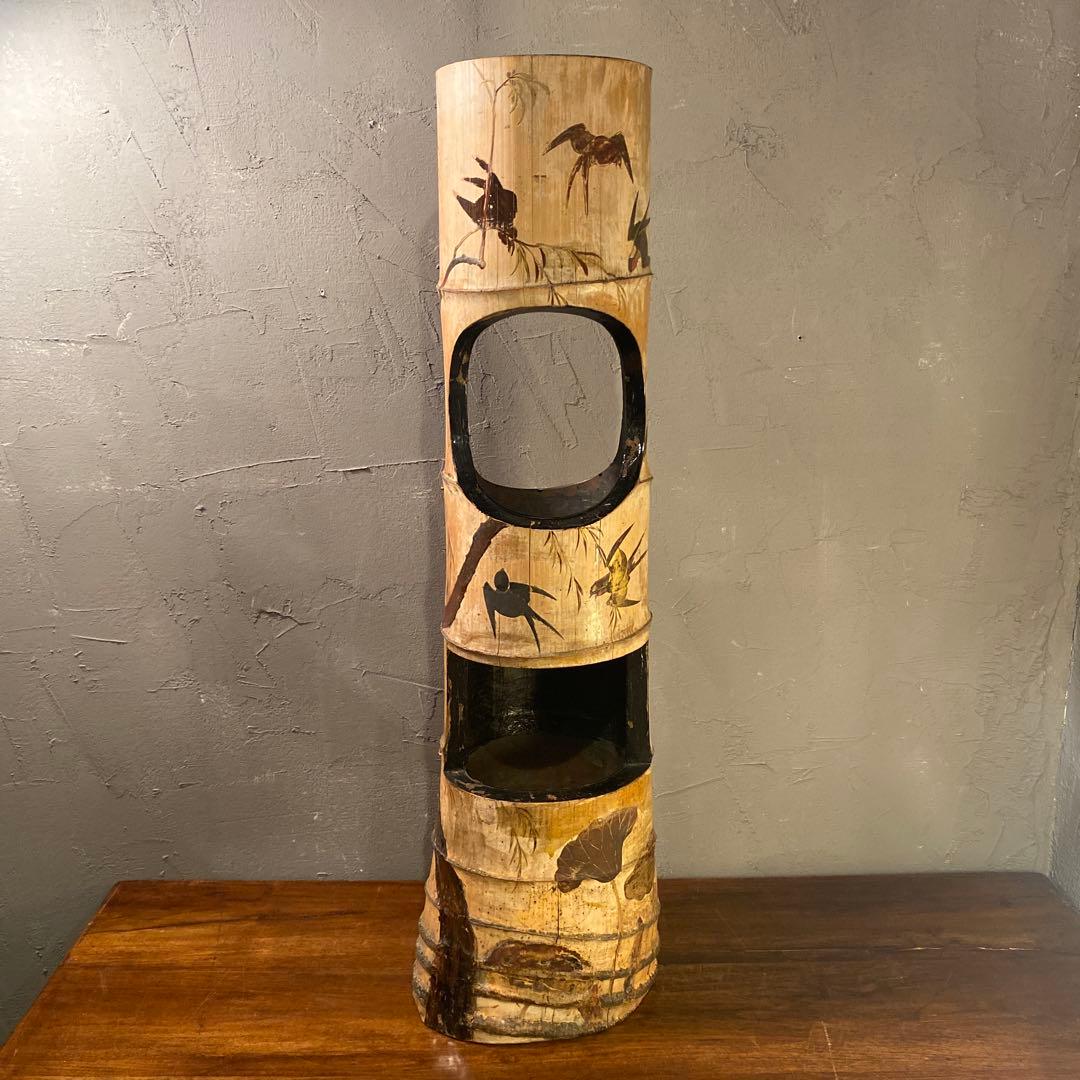 骨董品 時代物 華道具 竹 根付き花入 花器 銅おとし 蒔絵 ペイント