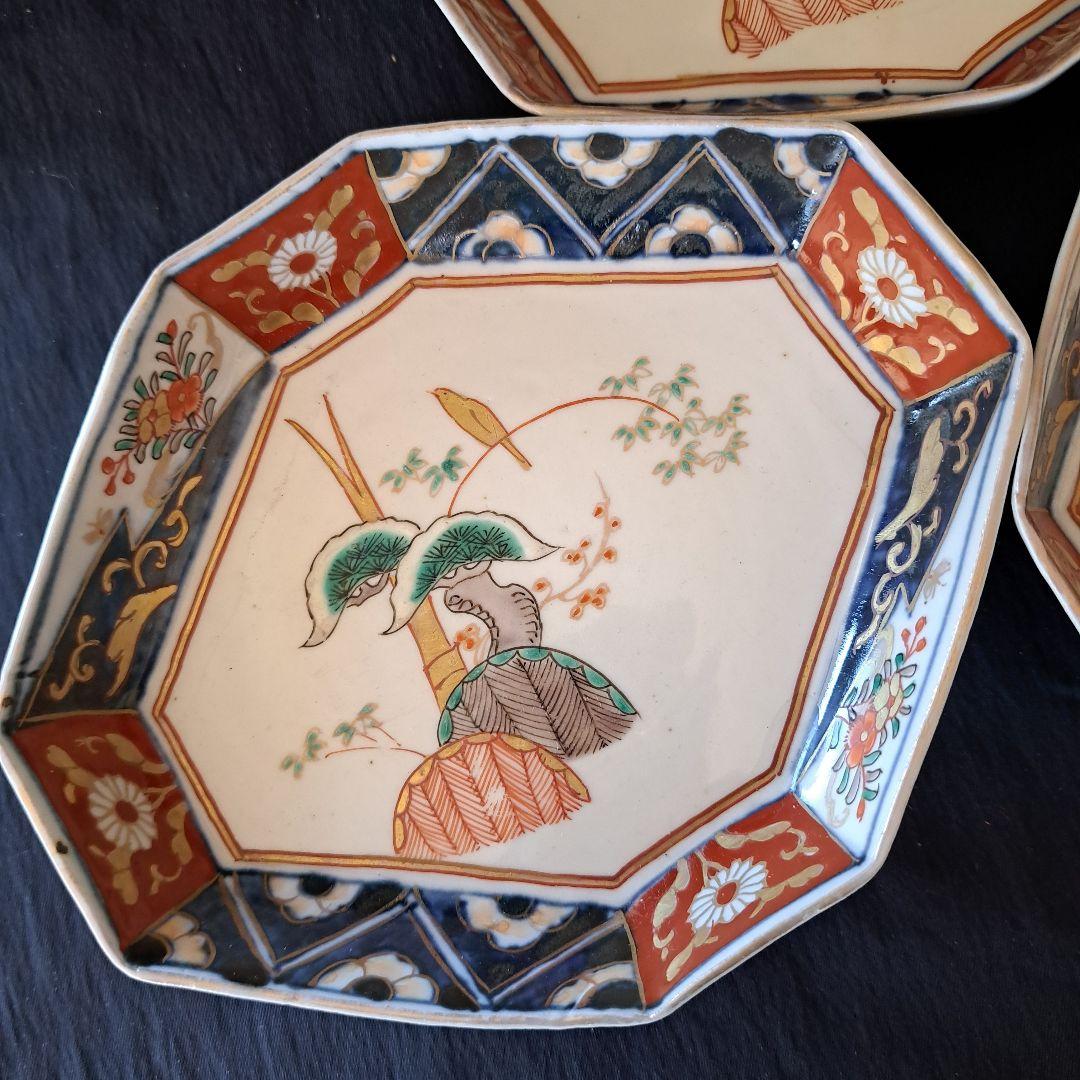 「ポツンと1羽の鳥 八角皿(幅17cm)！」 古伊万里金彩皿 3客セット 骨董ア