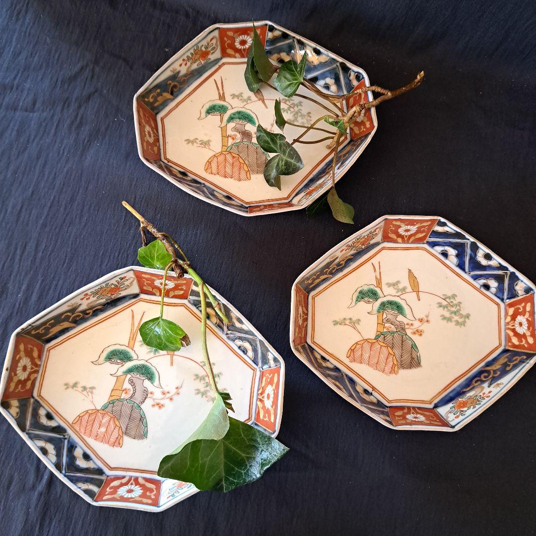「ポツンと1羽の鳥 八角皿(幅17cm)！」 古伊万里金彩皿 3客セット 骨董ア