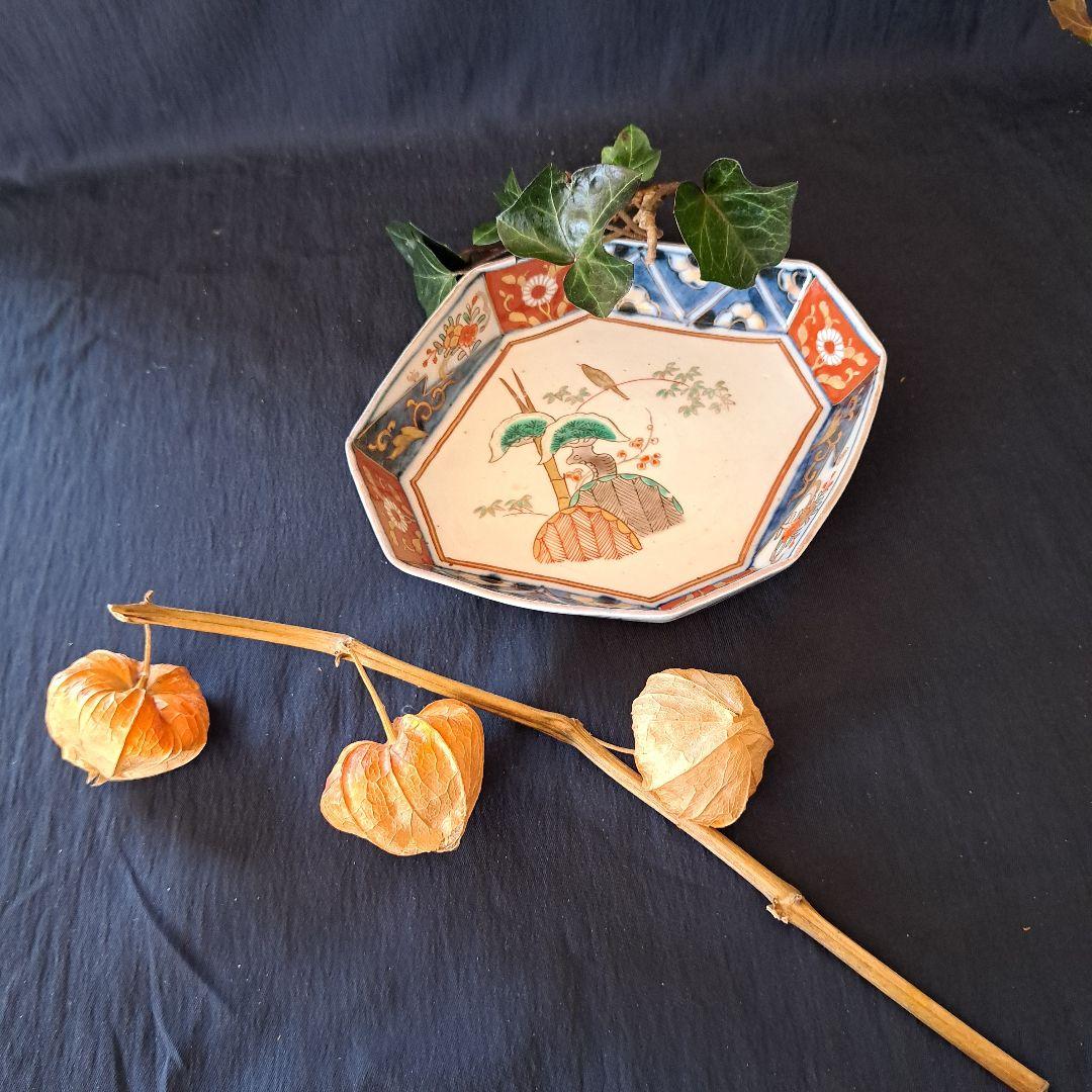 「ポツンと1羽の鳥 八角皿(幅17cm)！」 古伊万里金彩皿 3客セット 骨董ア