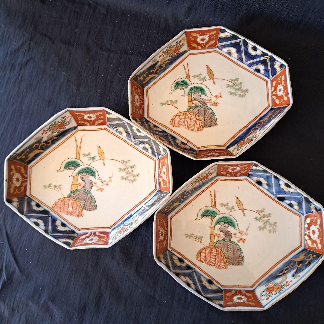 「ポツンと1羽の鳥 八角皿(幅17cm)！」 古伊万里金彩皿 3客セット 骨董ア
