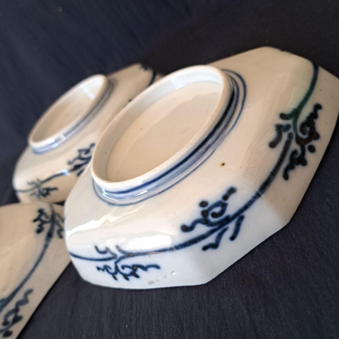 「ポツンと1羽の鳥 八角皿(幅17cm)！」 古伊万里金彩皿 3客セット 骨董ア