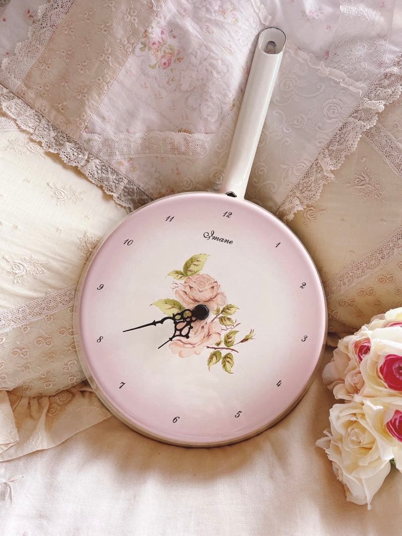 お値下げ♡イマンダイアナローズホーローフライパン時計マニーローズ薔薇ニトリイケア