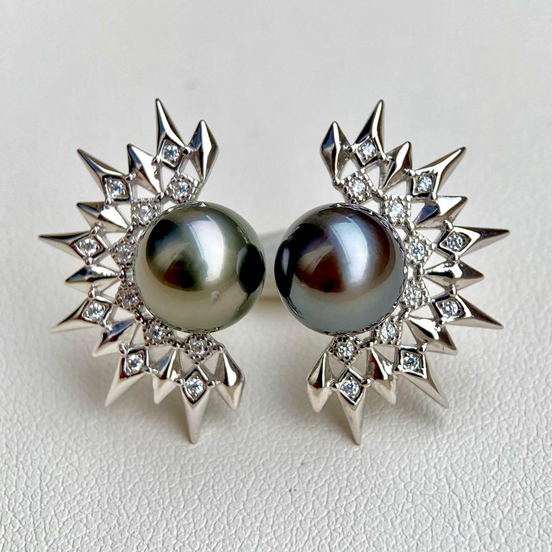 本真珠南洋黒蝶真珠グリーンブルー8.9㍉s925ピアスBL935