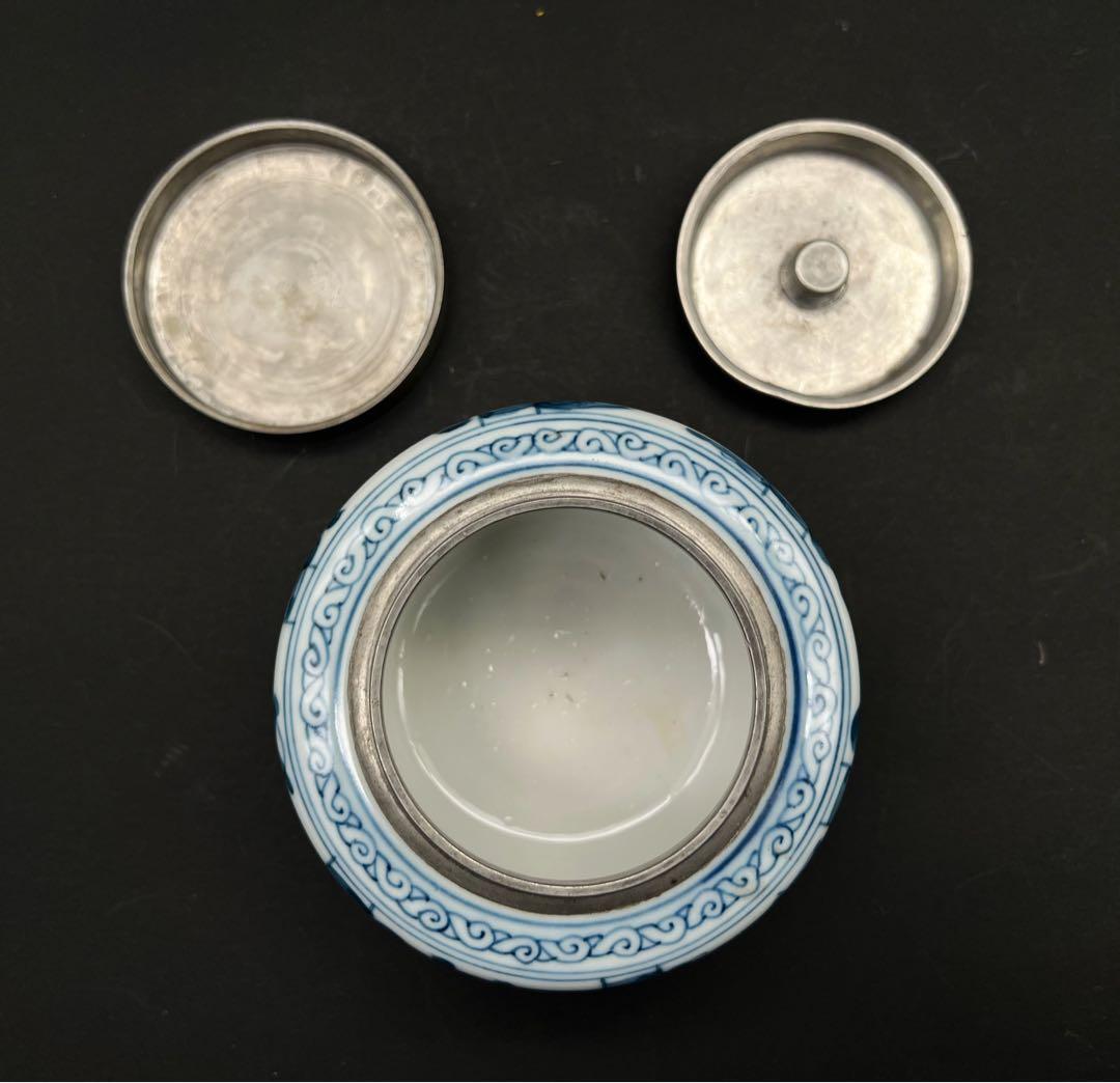 中国美術 古玩 青華染付 花鳥蝶々茶入 茶葉罐　煎茶道具 木箱付き