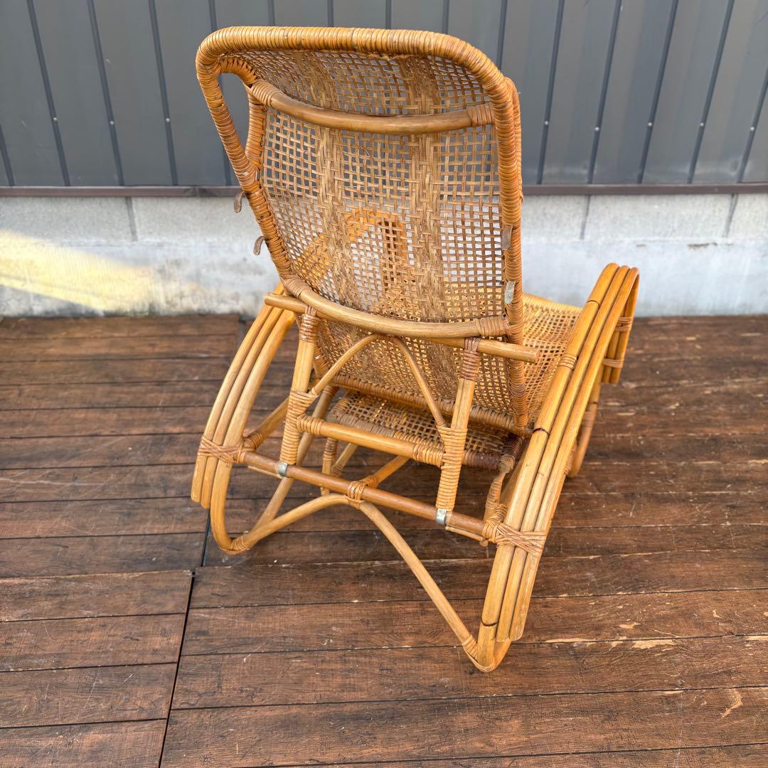 ①昭和レトロ ラタンリクライニングチェア オットマン付き 籐家具 1人掛けソファ