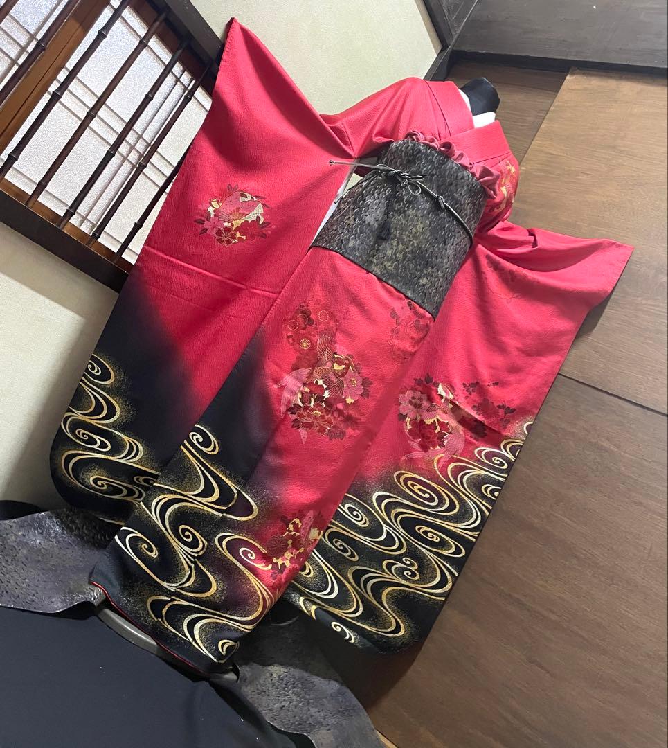 振袖フルセット6点サイズM〜Ｌ鳳凰花蝶丸文　暈し染め　金銀彩　金糸　正絹