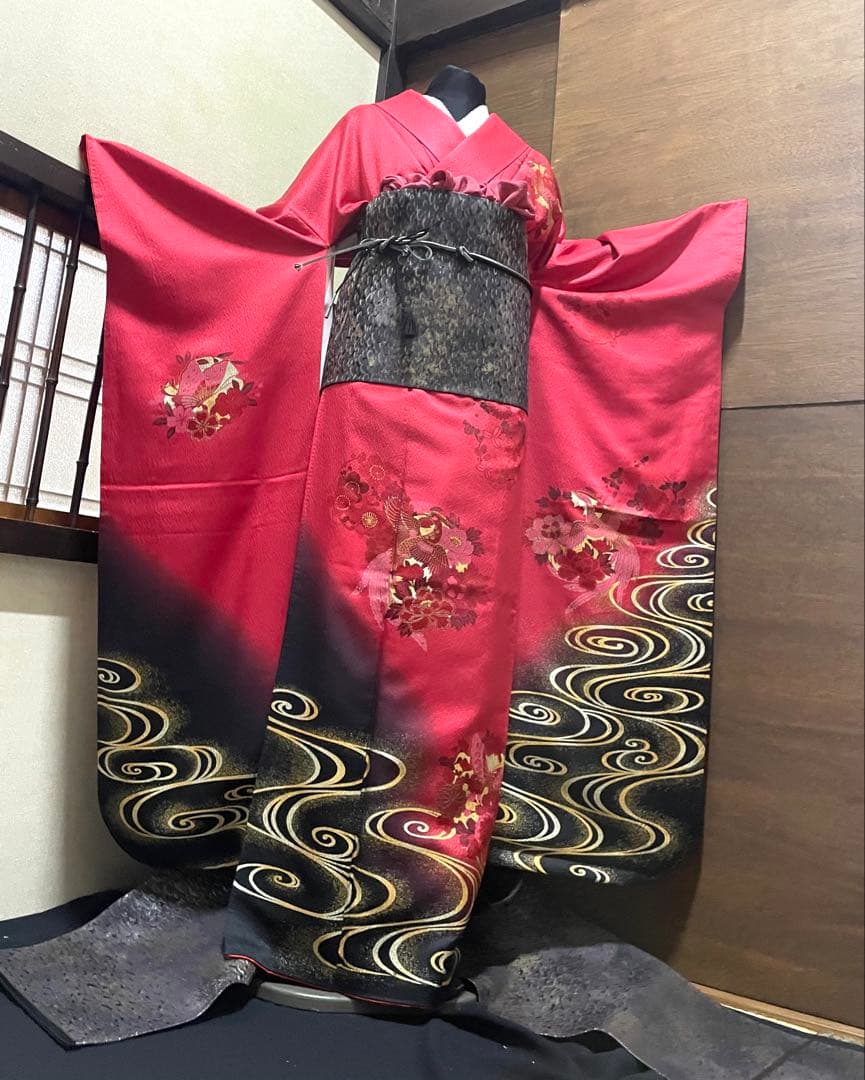 振袖フルセット6点サイズM〜Ｌ鳳凰花蝶丸文　暈し染め　金銀彩　金糸　正絹