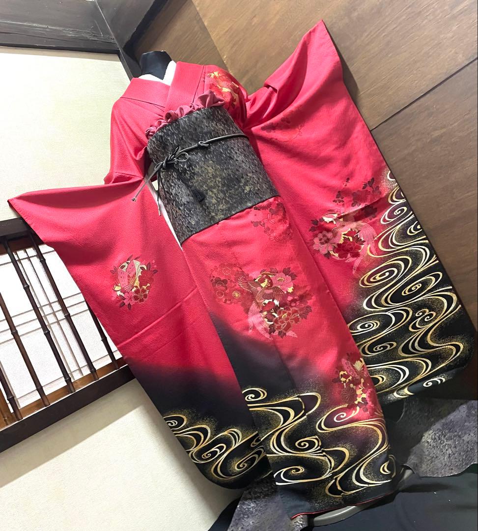 振袖フルセット6点サイズM〜Ｌ鳳凰花蝶丸文　暈し染め　金銀彩　金糸　正絹