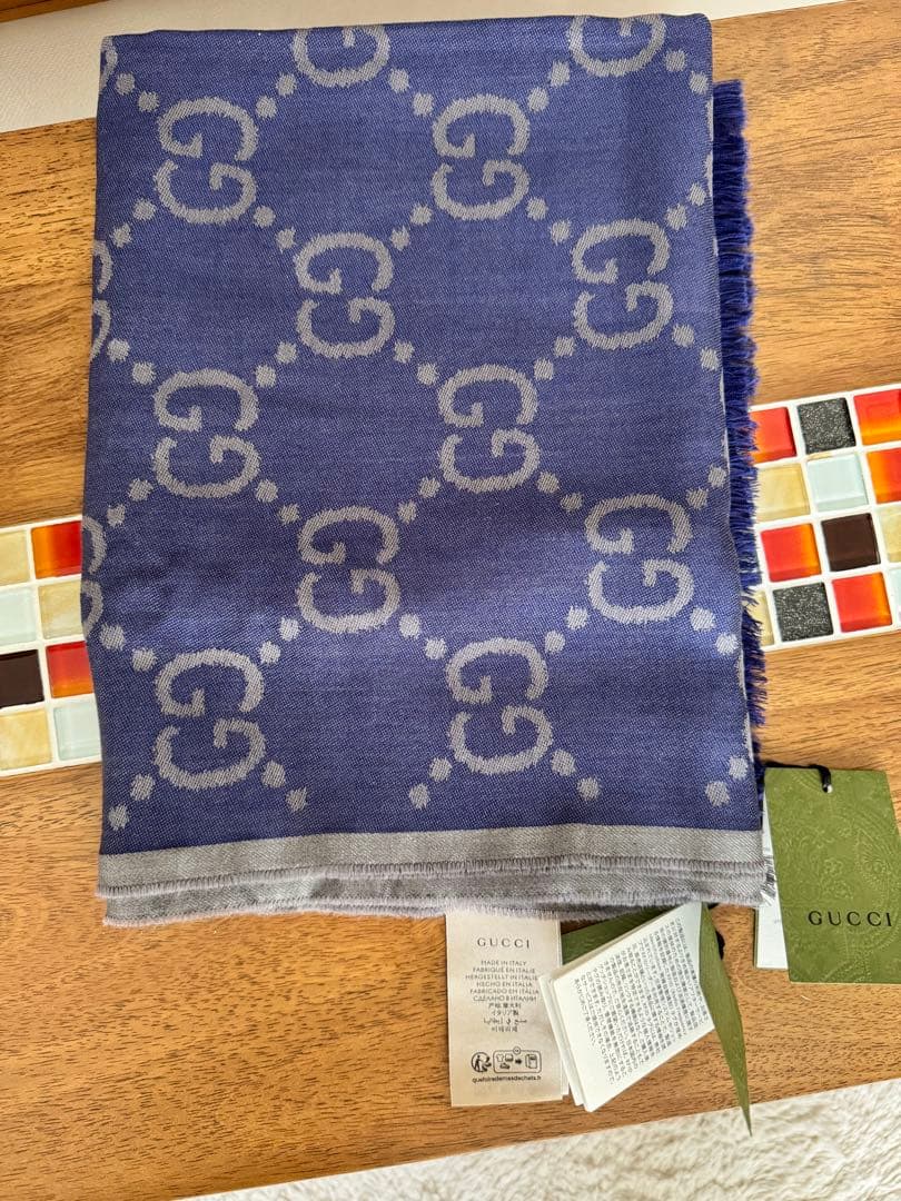 グッチ　GUCCI GGロゴ マフラー ネイビー ウールシルク