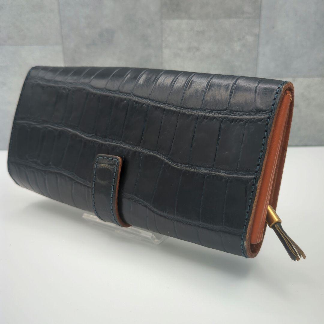 極美品✨フェリージ 長財布 コロコロ クロコ型押し レザー紺　定価86900円✨