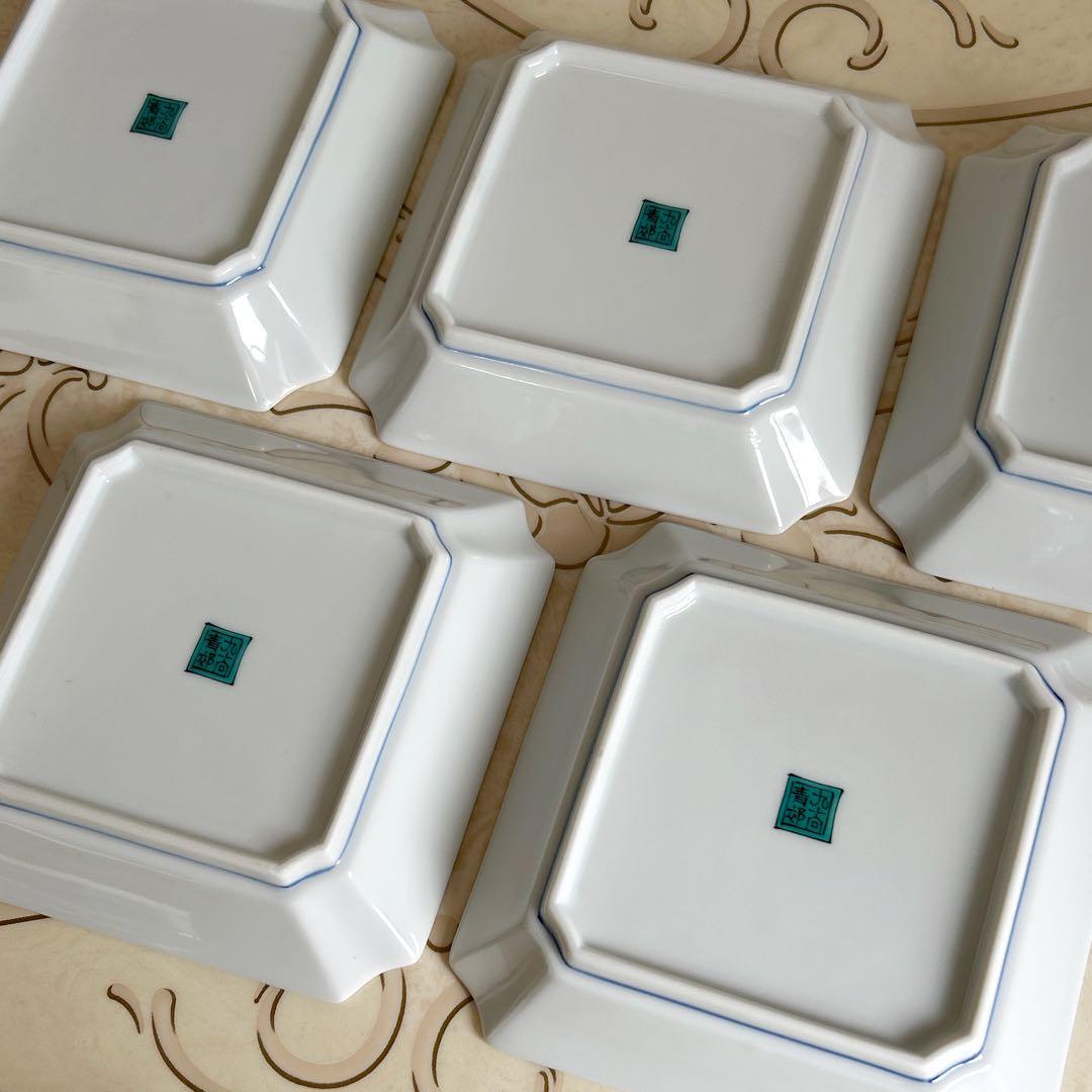 九谷焼　青郊窯　中皿揃　５枚セット　色絵　山水　銘々皿 　角皿　隅切り　和食器