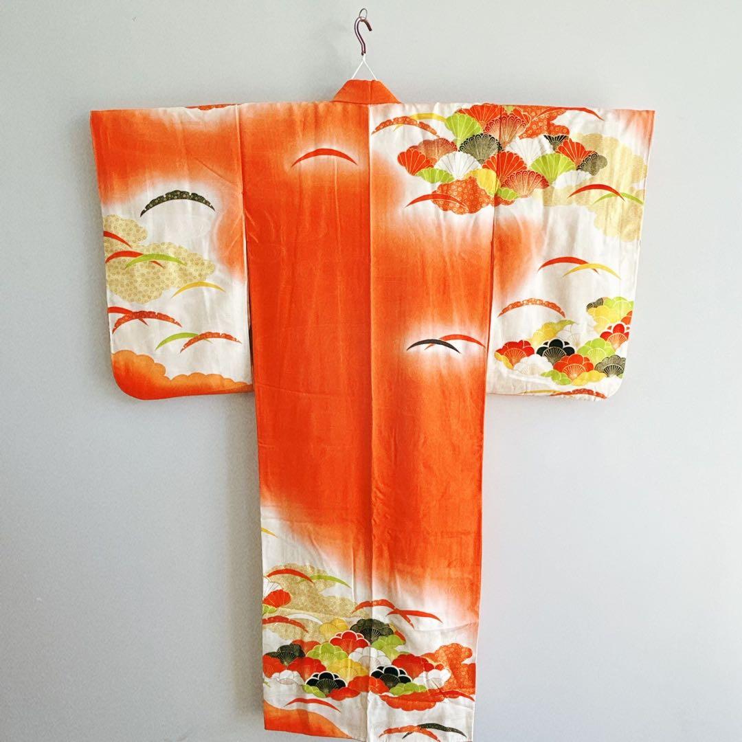 七五三　７歳フルセット　長着＆帯＆長襦袢＆草履＆バッグ＆小物セット　オレンジ地