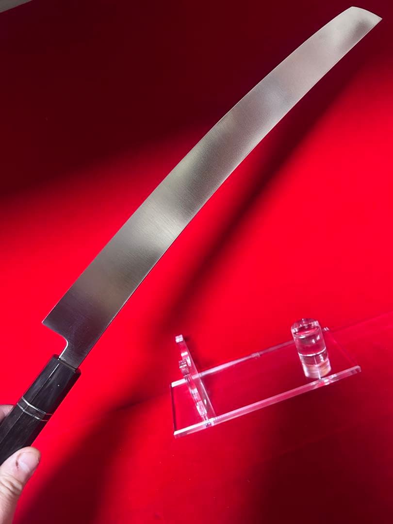 包丁　マグロ包丁　先丸　尺三　鬼反り　鏡面仕上げ　切味抜群　箱付　未使用品