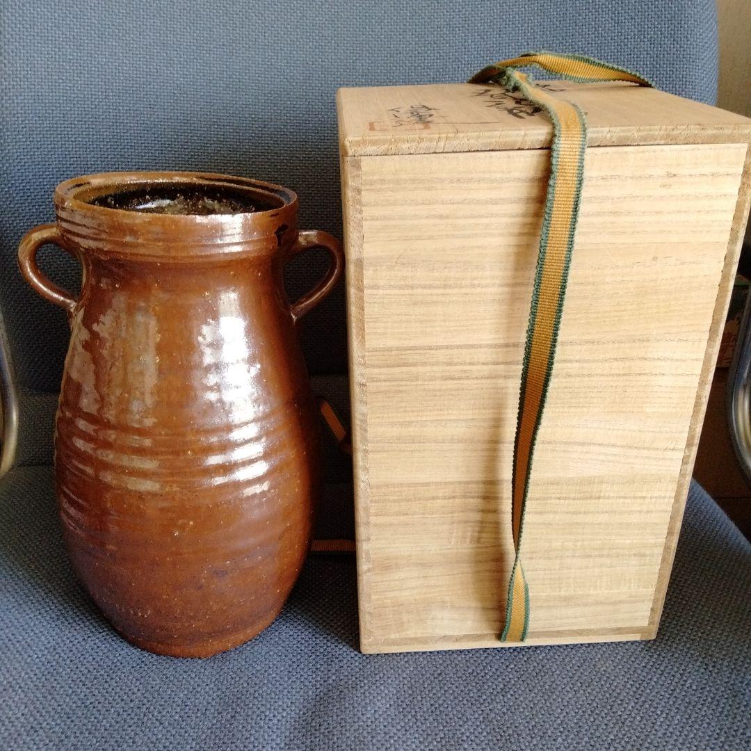 中国骨董【双耳大花瓶】陶芸家松原保廣造を代表する作品不二窯在銘変形大花器共桐箱付