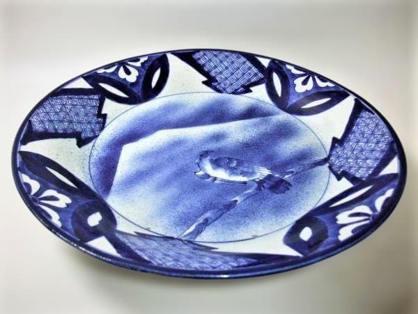 古伊万里 染付 富士に鷹 大皿 ベロ藍 40.5cm 骨董 古美術