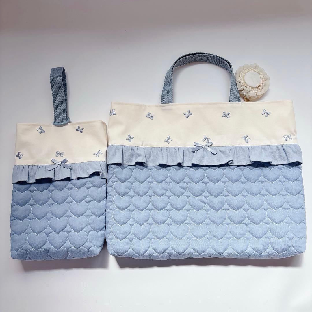 ぴ様　レッスンバッグ　上履き袋　体操着袋　ハンドメイド　ハート　キルト　ヌビ