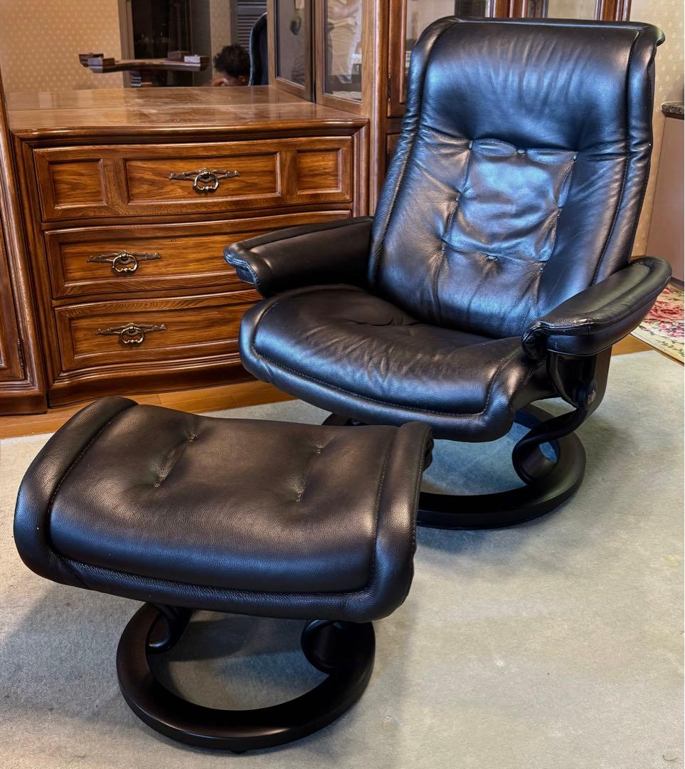 本革 Ekornes ロイヤル Lサイズ リクライニングチェア オットマン付