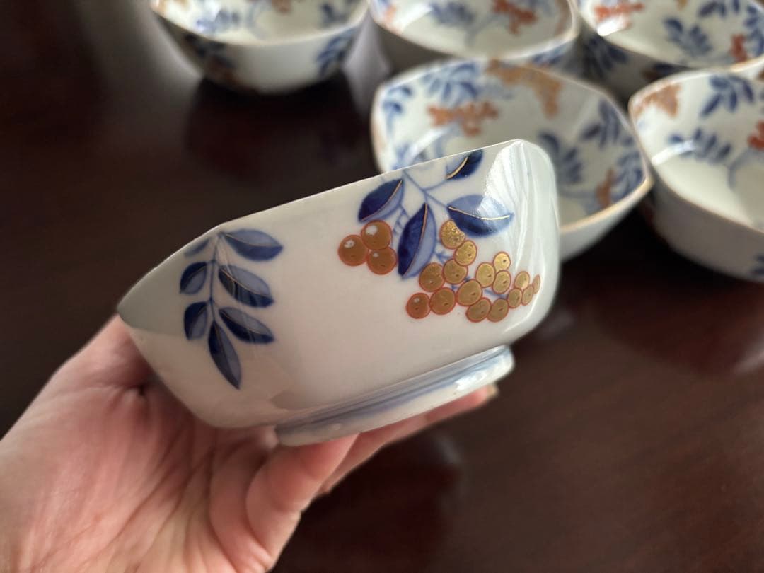 オールド香蘭社 南天図金彩 六角小鉢 6客