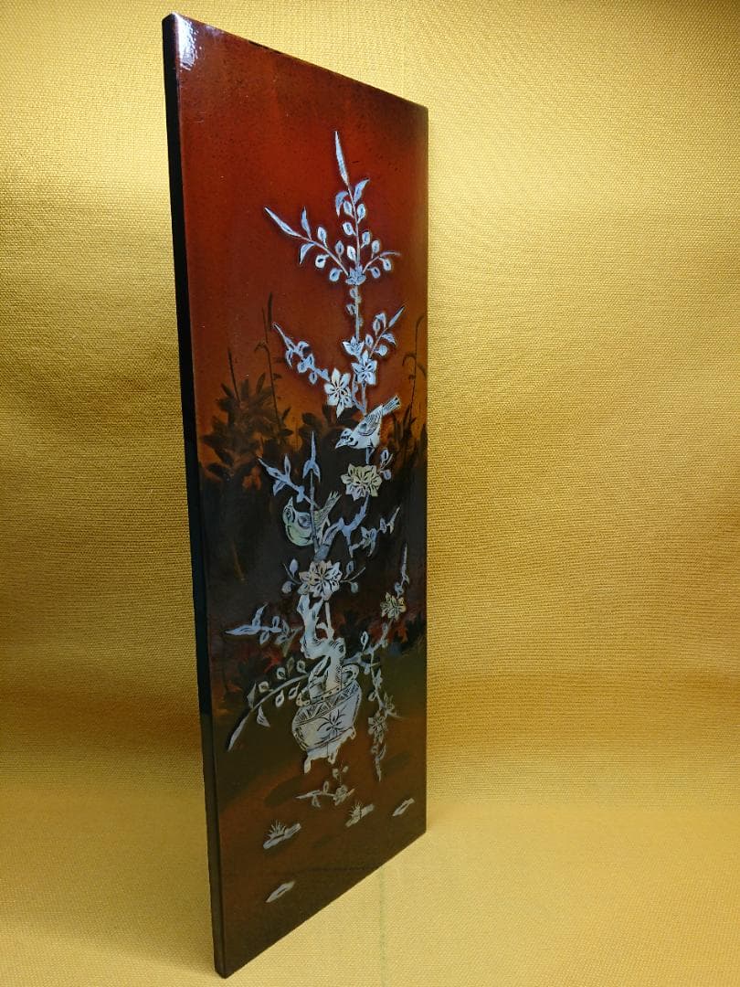 【美品】螺鈿細工　漆塗り　花鳥図　置物　インテリア　工芸品　美術品　A1465