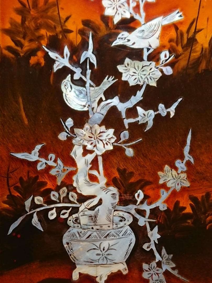 【美品】螺鈿細工　漆塗り　花鳥図　置物　インテリア　工芸品　美術品　A1465