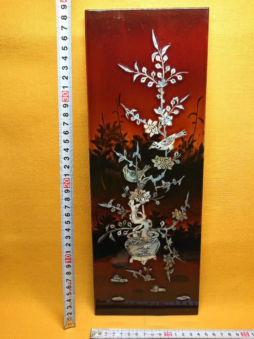 【美品】螺鈿細工　漆塗り　花鳥図　置物　インテリア　工芸品　美術品　A1465