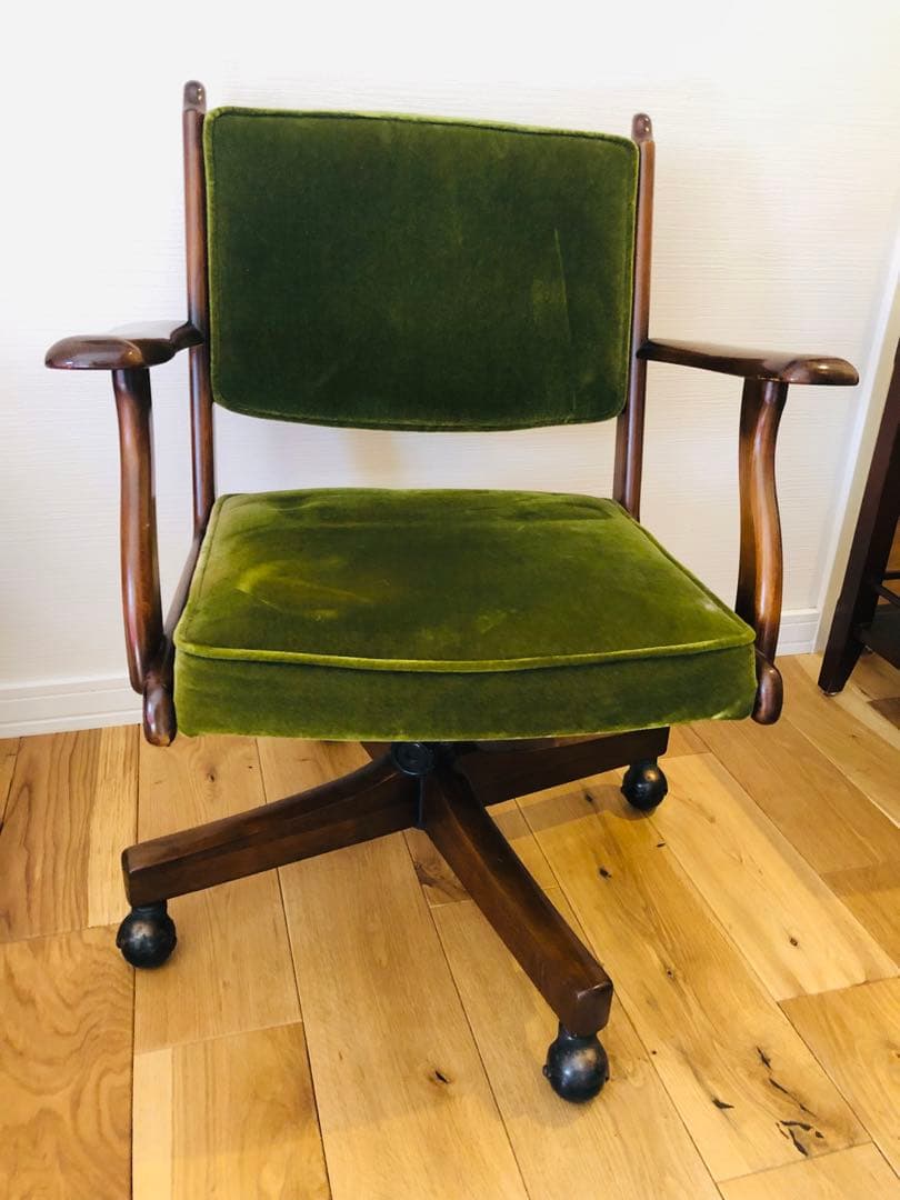 カリモク　ビンテージ　アンティーク　グリーンベルベット回転式デスクチェア