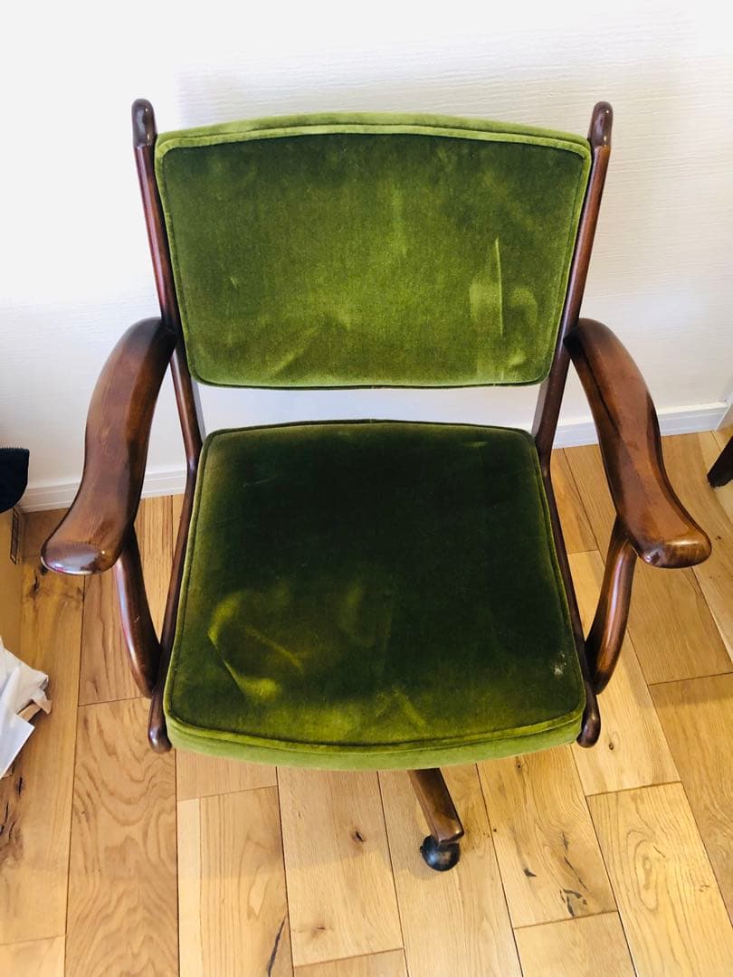 カリモク　ビンテージ　アンティーク　グリーンベルベット回転式デスクチェア
