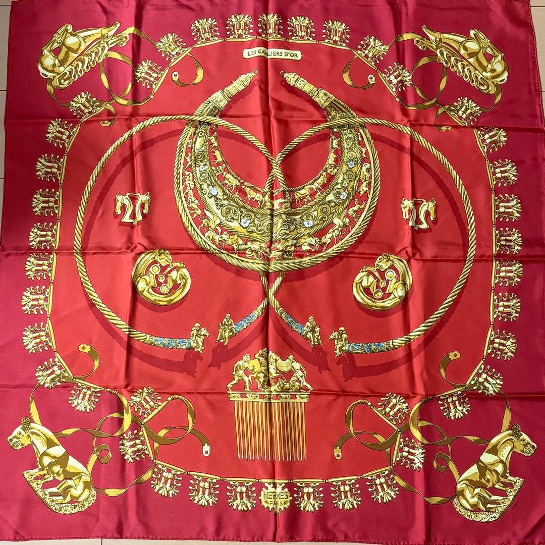 HERMES シルクスカーフ 赤金