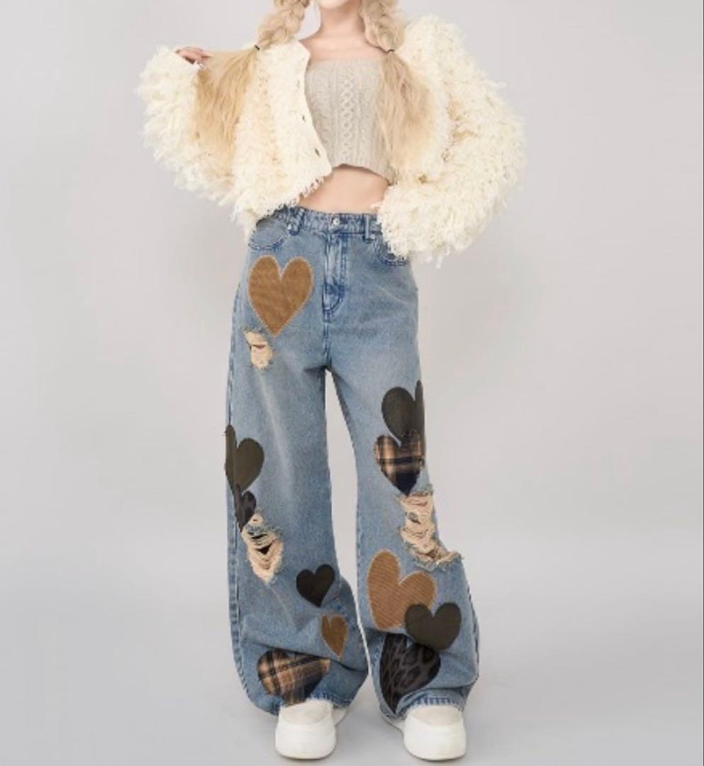 ダーリッチ　ランダムハートパッチワークデニムパンツ