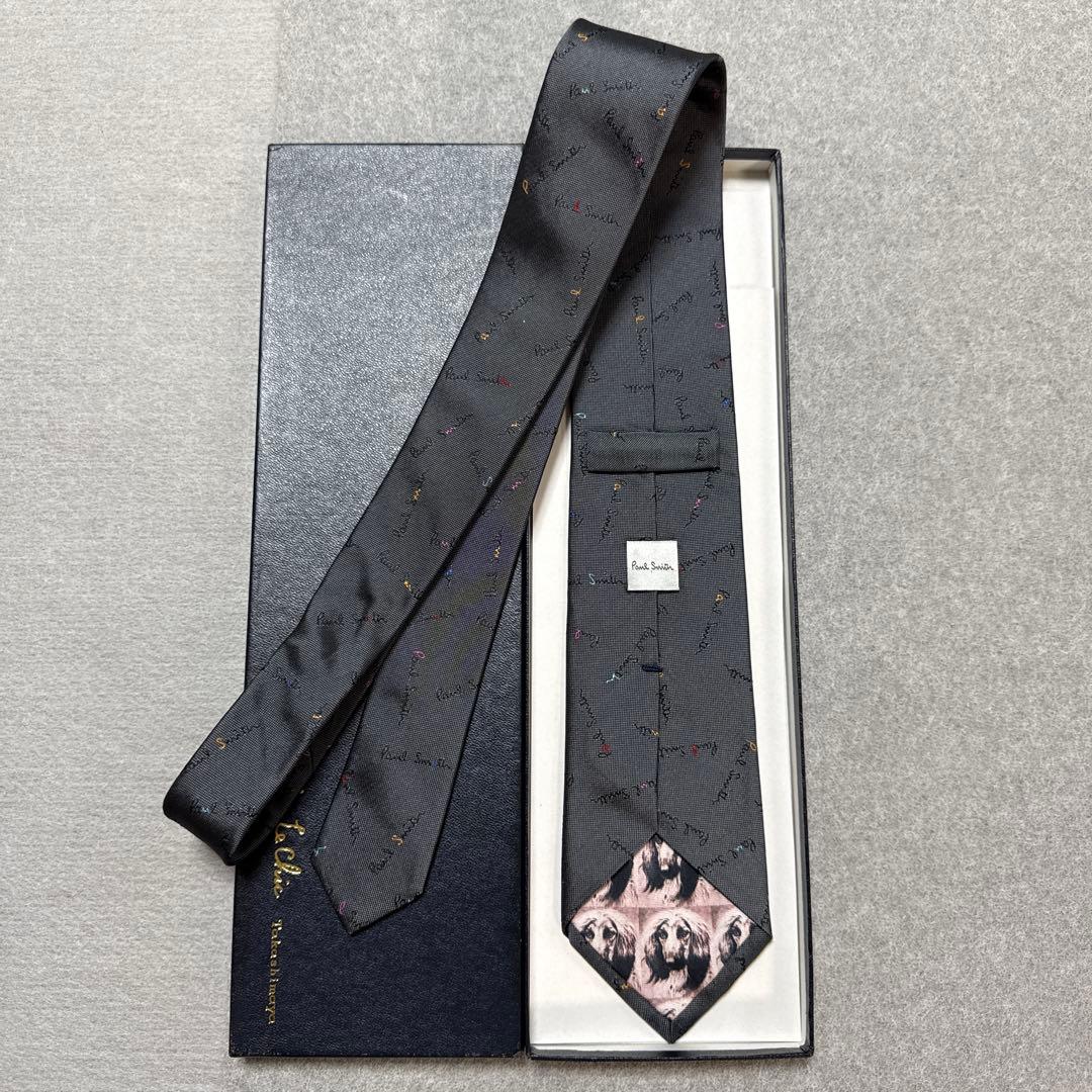 美品　ポールスミス　ネクタイ　グレー　ロゴ総柄　犬柄　シルクジャガード
