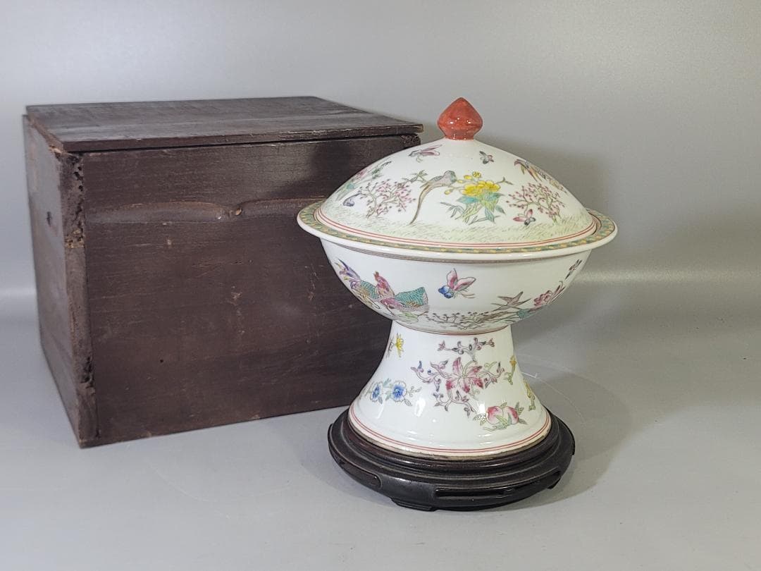 DT717 中国 色絵 蓋物 台付