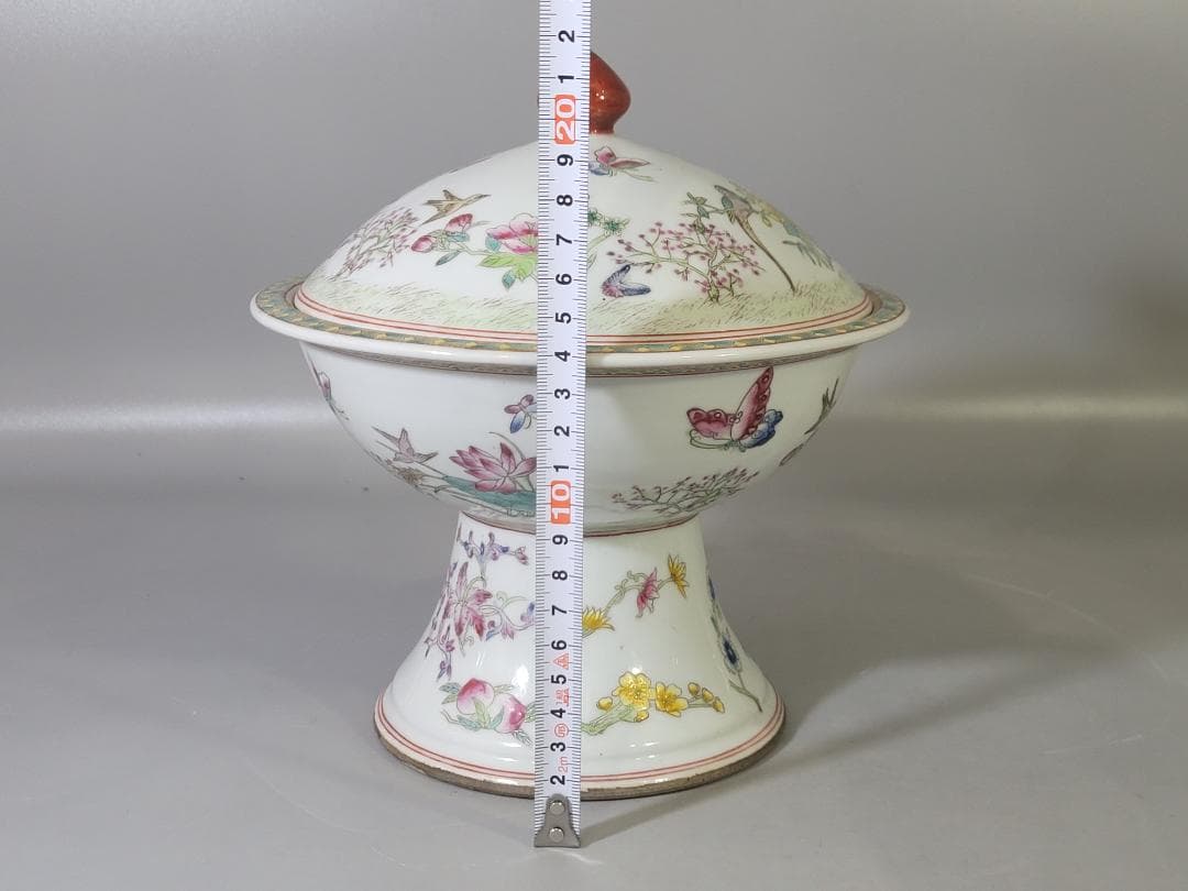 DT717 中国 色絵 蓋物 台付