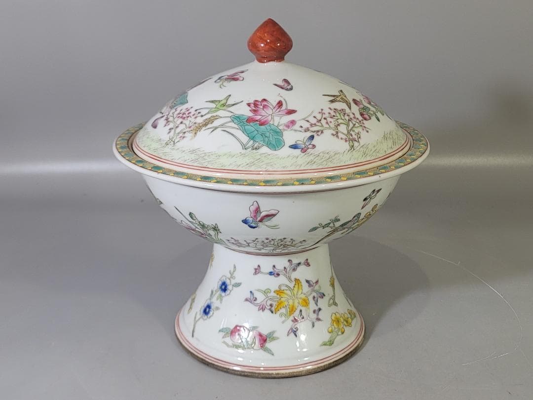 DT717 中国 色絵 蓋物 台付