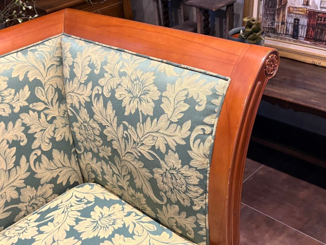 ②クラシック 3人掛けソファ 3Pソファ 花柄 グリーン ビンテージ nY