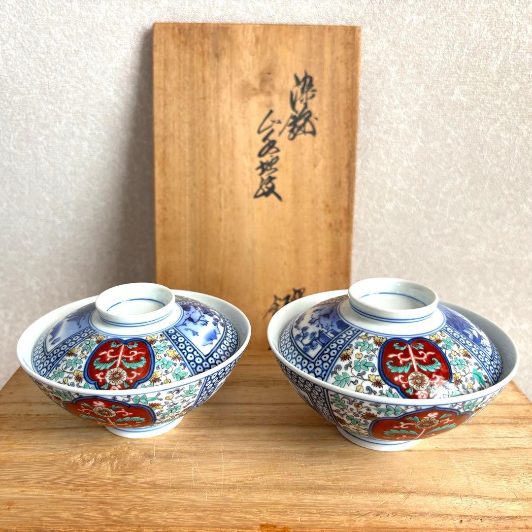 人間国宝 十三代 酒井田柿右衛門 錦菊鳳凰紋 蓋付茶碗 飯碗 2客 共箱 有田焼