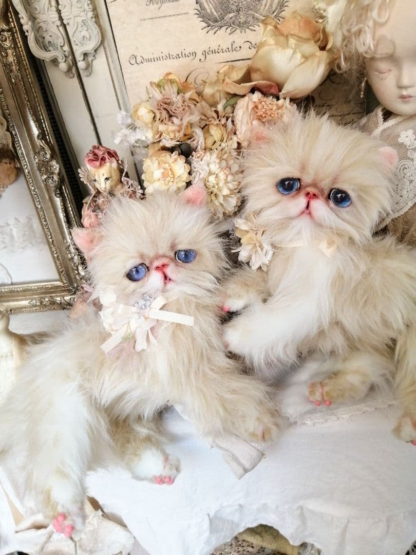 お花のバスケットと双子の子猫ちゃん♡エキゾチック♡アートドール♡ぬいぐるみ♡