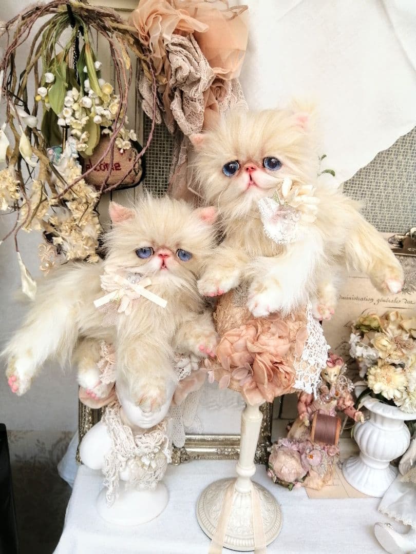 お花のバスケットと双子の子猫ちゃん♡エキゾチック♡アートドール♡ぬいぐるみ♡