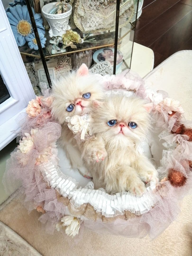 お花のバスケットと双子の子猫ちゃん♡エキゾチック♡アートドール♡ぬいぐるみ♡
