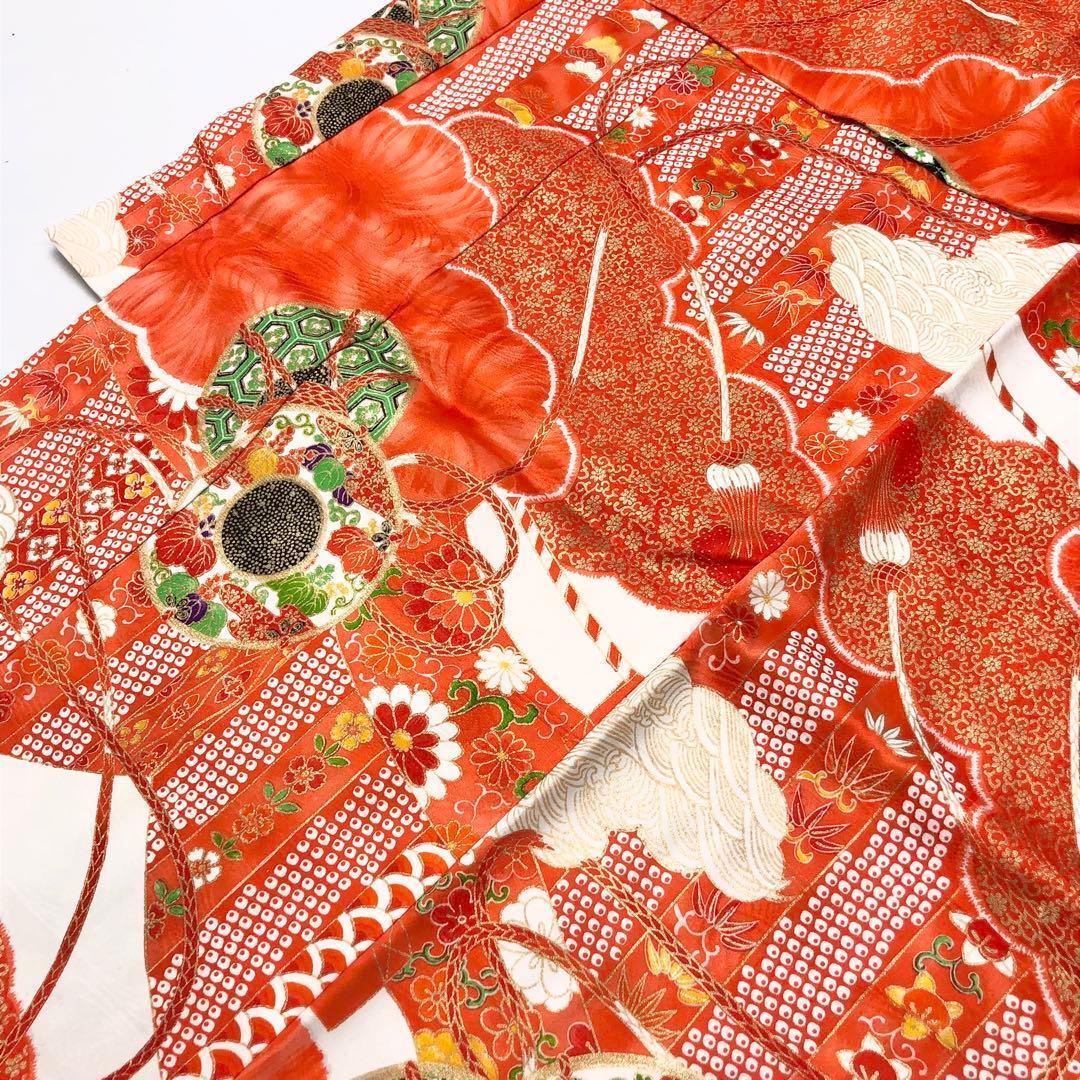 子供着物 七五三 3歳 鼓 花模様 赤橙色 CK-7380