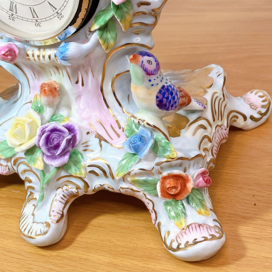 FINE PORCELAIN 鳥と花 陶磁器 置時計 ロココ調 薔薇 立体装飾