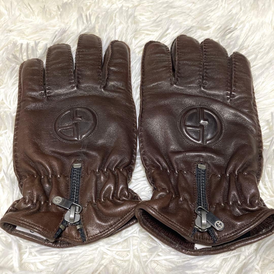 美品GIORGIO ARMANI ラムレザー手袋　カシミヤ　茶　エンボスロゴ