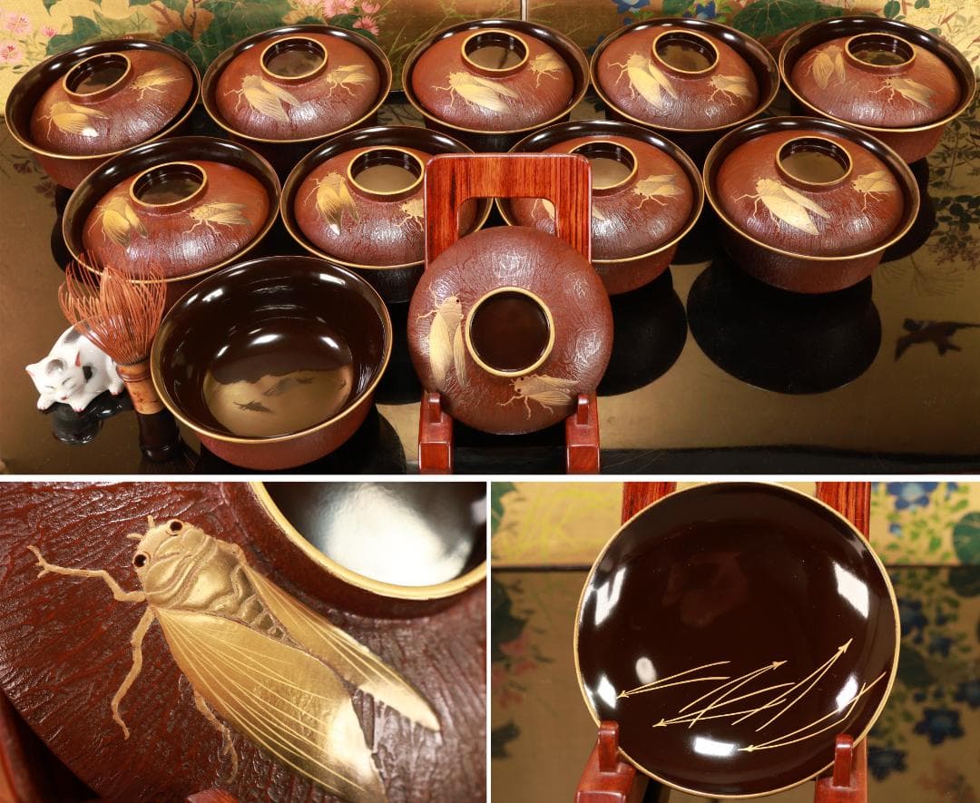 時代輪島塗　明治期　特注品　金縁内黒　松皮塗餅椀　十客　吸物椀　BJ092