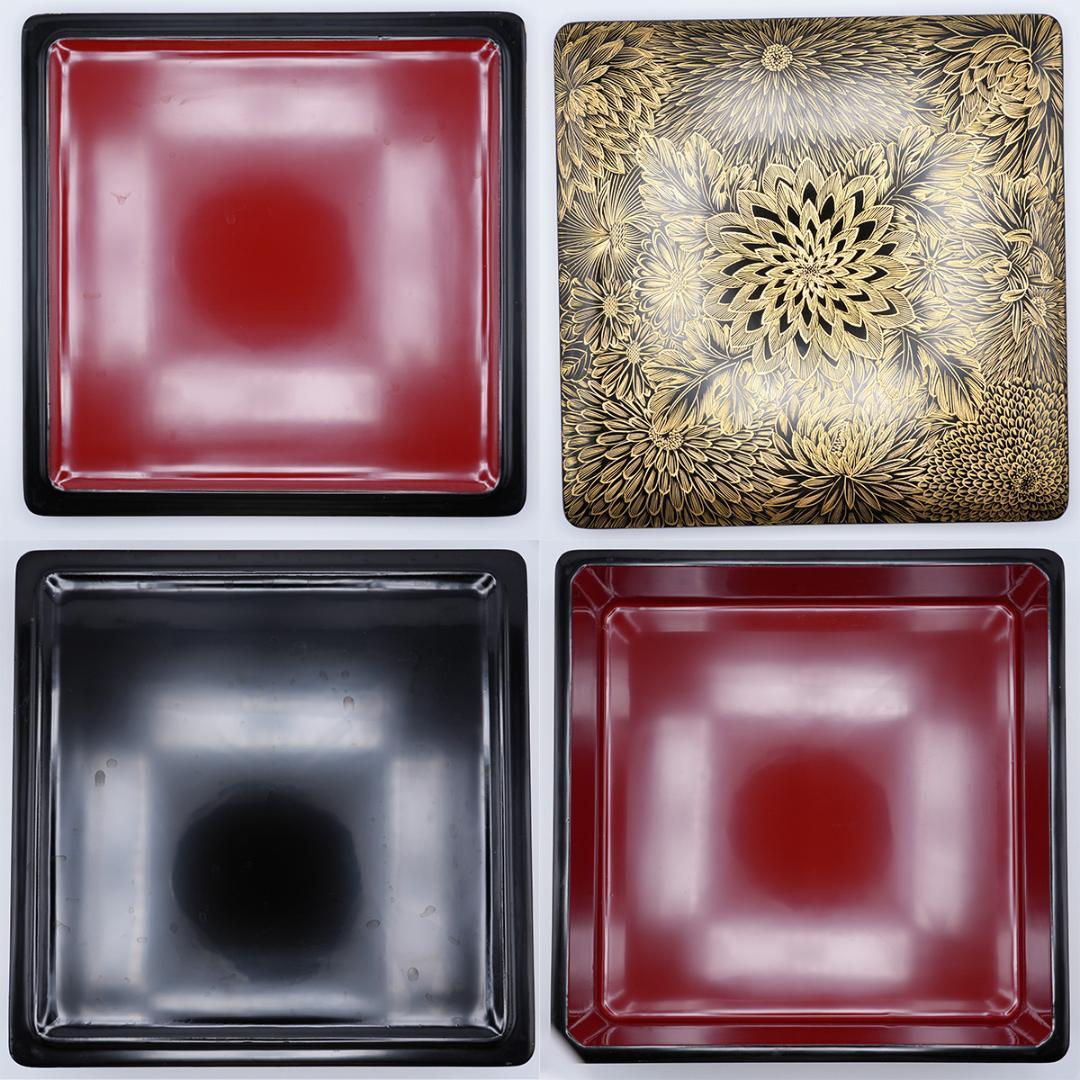 輪島塗風 総沈金菊彫 木製漆塗 大型重箱 内朱 アンティーク 重箱 おせち用