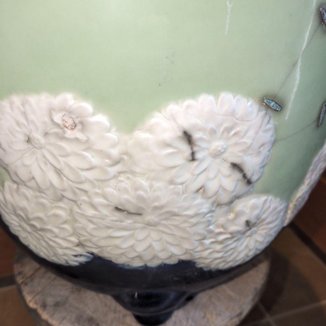 古い青磁瑠璃釉貼花菊文外縁丸 三河盆栽 尾張焼 瀬戸焼