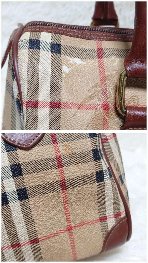 バーバリー ミニボストン ハンドバッグ ノバチェック PVC レザー ブラウン